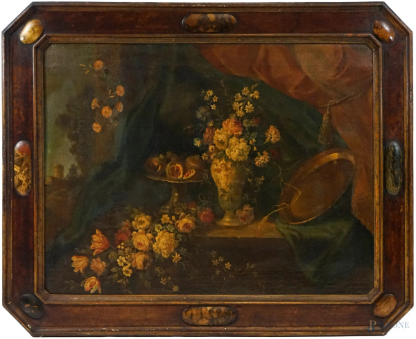 Pittore della fine del XVIII secolo, Natura morta con fiori, olio su tela, cm 89x121, entro cornice.