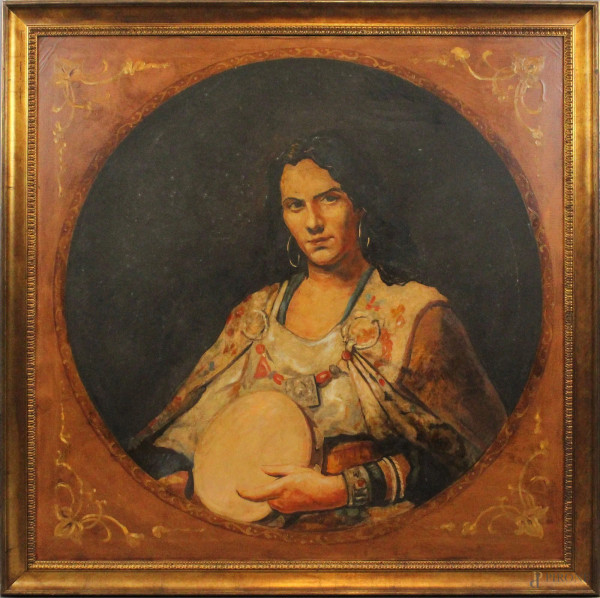 Ritratto di donna con cembalo, olio su tela, cm 99x100, XX secolo, entro cornice