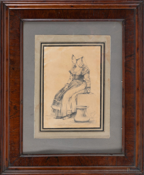 Popolana seduta, XX secolo, grafite su carta applicata su carta, cm 25x18, entro cornice, (ondulazioni, piegatura, ossidazione, difetti)