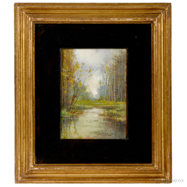 Scorcio fluviale, olio su compensato,XIX-XX 17,5x12, entro cornice, firmato in basso a destra (difetti)