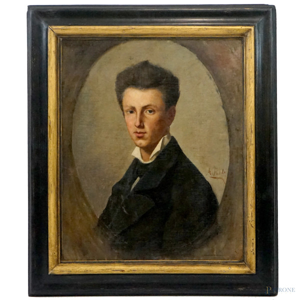 Arturo Faldi - Ritratto di giovane, olio su tela, cm 64x52, entro cornice.