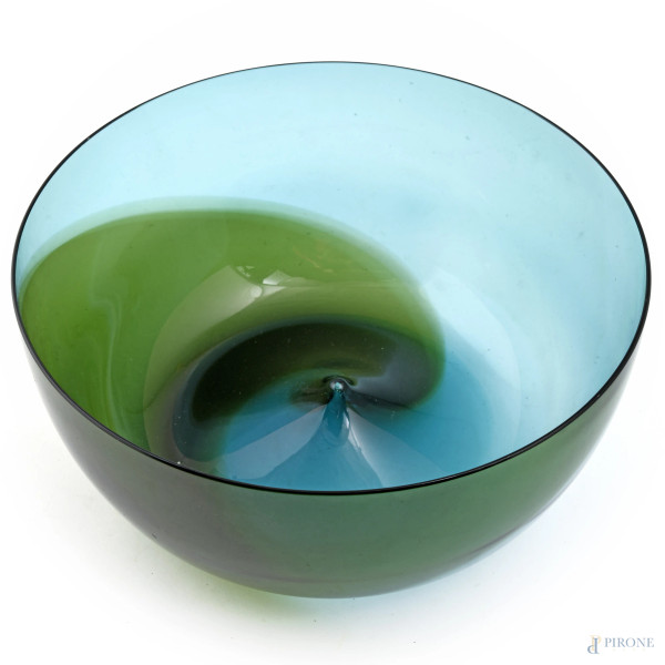 Centrotavola in vetro nei toni del blu e verde, firmato a graffio "Venini Italy", cm 13,5x30, (gr...