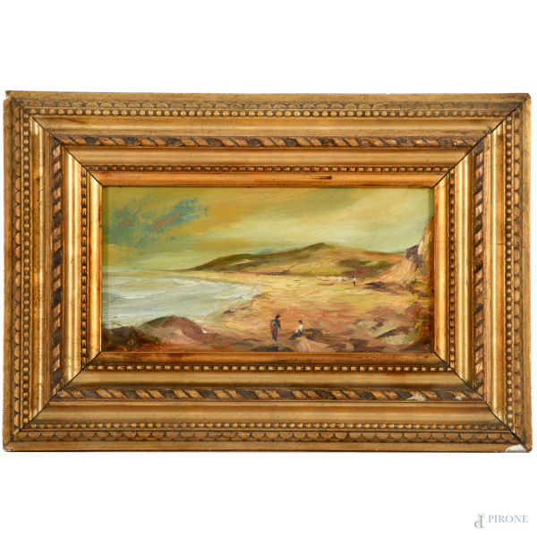 Sulla costa, XX secolo, olio su  cartone, cm 13,5x24, firmato in basso a sinistra entro cornice