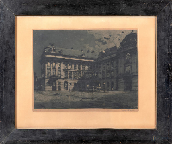 Luigi Kasimir (1881-1962), Piazza, incisione su carta, cm 46x59, firmata in basso a sinistra, entro cornice, (segni di usura e ossidazione della carta)