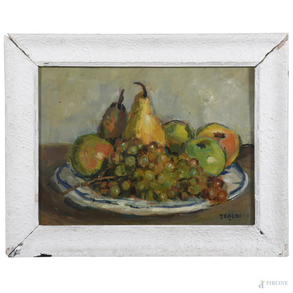 Natura morta di frutta, XX secolo, olio su tavoletta, cm 30x40, firmato in basso a destra, entro cornice, (segni di usura, fessurazioni, fori, difetti)