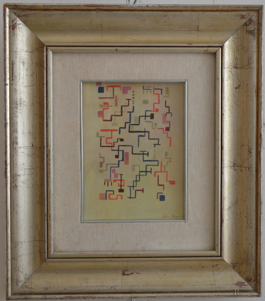 Astratto geometrico, olio su cartone 26x18 cm, entro cornice firmato e datato.
