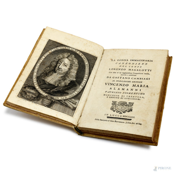 La donna immaginaria, Canzoniere del Conte Lorenzo Magalotti, Lucca 1752, (segni di usura, tracce di umidità, difetti)