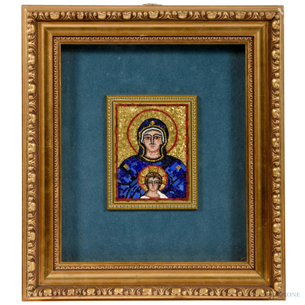 Madonna con Bambino, XX secolo, tessere in resina su cartone, cm 12x9, entro cornice