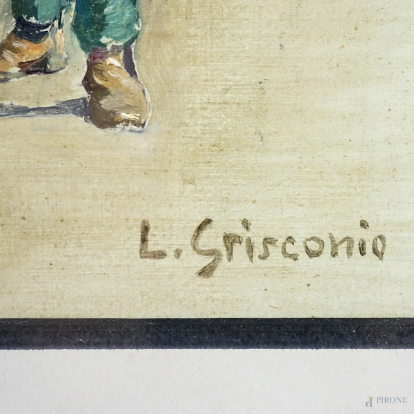 Doppio ritratto, olio su cartone applicato su cartone, firmato L. Crisconio, cm 20x26, entro corn...