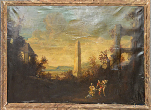 Antico paesaggio settecentesco con figure e architetture, olio su tela 97x68 cm, 