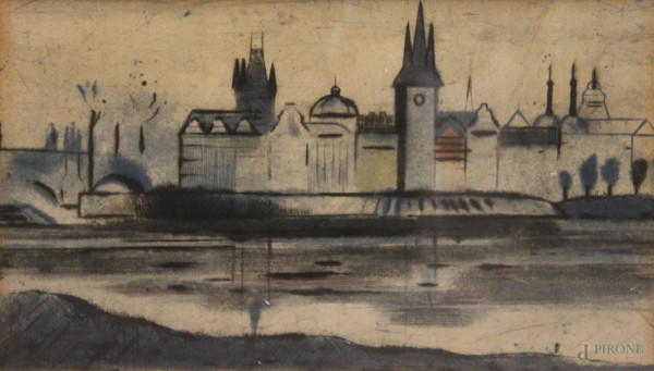 Scorcio di fiume con cattedrale, incisione colorata, 28x16 cm, entro cornice firmato Kareg Malich.
