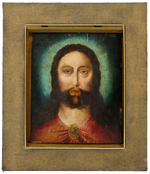 Salvador Mundi, olio su tela applicata su tavola, cm 27x21, inizi XX secolo entro cornice, (difetti).