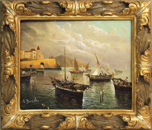 Marina con barche e pescatori, olio su tavola 24x30 cm, firmato, entro cornice.