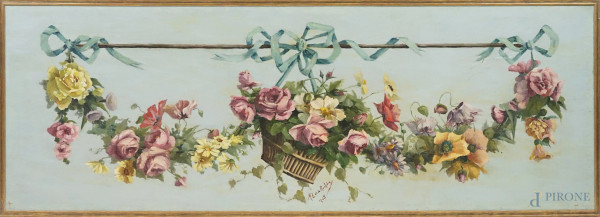 Natura morta-festone di fiori, olio su tela, cm 65x184, firmato e datato 1903, in cornice, (difetti).
