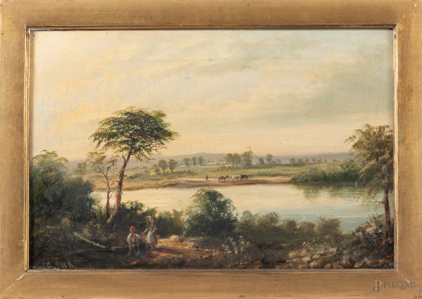 Paesaggio fluviale con figure, XIX secolo, olio su tela, cm 30,5x45,5, entro cornice, (segni di usura craquelure, segni di battitura del telaio, piccole lacerazioni)