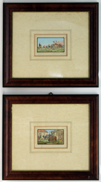 Coppia incisioni acquarellate a soggetto di paesaggi con figure, XIX sec., cm. 7x12, entro cornice.