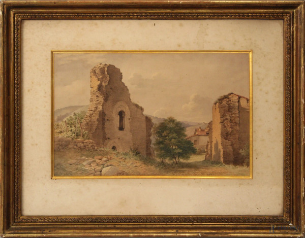 Paesaggio con rovine, acquarello su carta, cm 30x46, firmato e datato, entro cornice.