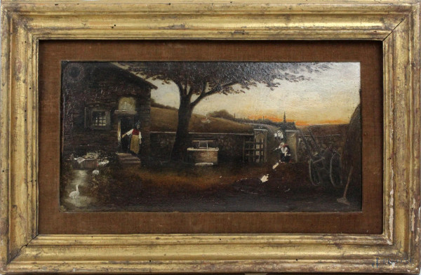 Esterno con casolare, olio su cartoncino, cm. 17,5x35, XIX secolo, entro cornice