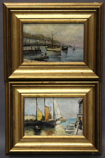 Coppia dipinti ad olio su tavola raffiguranti marine con barche, 17x11 in cornici