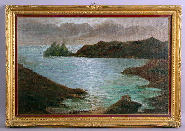 Marina, olio su cartone telato, cm. 40x60, firmato Gino Romiti, entro cornice.