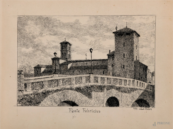 Ponte Fabricius, XIX-XX secolo, china su carta, cm 215x28, firmato e datato "Bozzoli 1929"