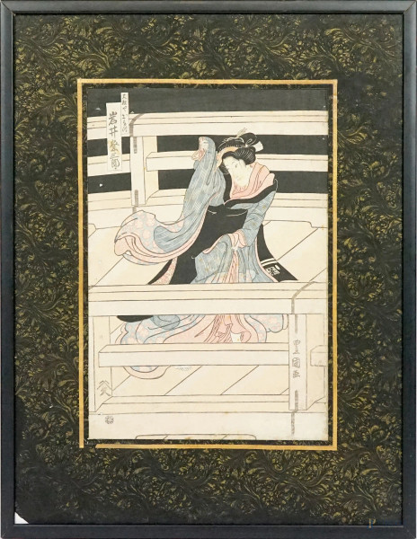 Dama, stampa su carta recante iscrizioni, cm 35x25, Giappone, XIX secolo, (difetti).
