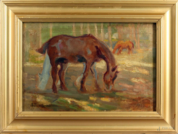 Paesaggio con cavalli, olio su tela, riportata su cartone, cm. 28x42, firmato entro cornice.