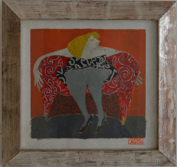 G.Maranchi, donna in poltrona, tecnica mista su cartone 46x46 cm, entro cornice.