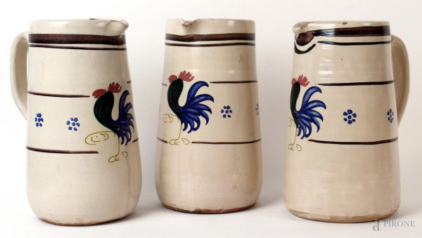 Tre versatoi in ceramica smaltata, altezza max cm. 21, Nicola Fasano, XX secolo, (lievi difetti)
