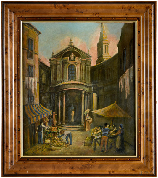 Pietro Mascagni, Piazza della Pace a Roma, olio su tela, cm 43,5x36,5, firmato, titolato e datato "1932" in basso a sinistra, entro cornice