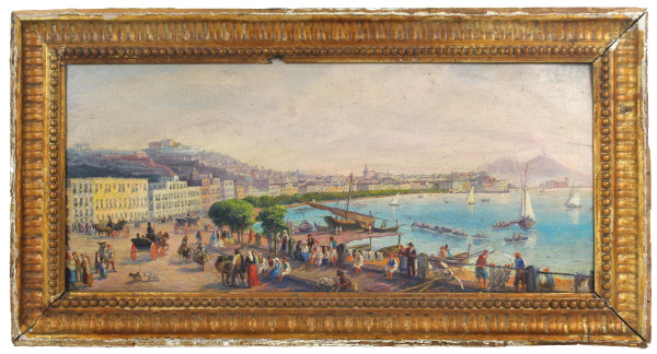 Golfo di Napoli, olio su tavola, cm 23x51, fine XIX secolo, entro cornice.
