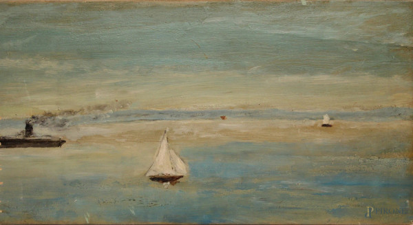 Marina con barche, olio su tavola, cm 26 x 50.