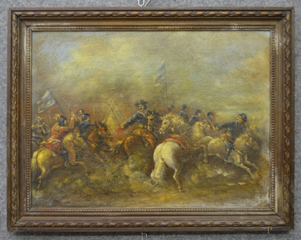 Battaglia, olio su rame 30x40 cm, entro cornice.