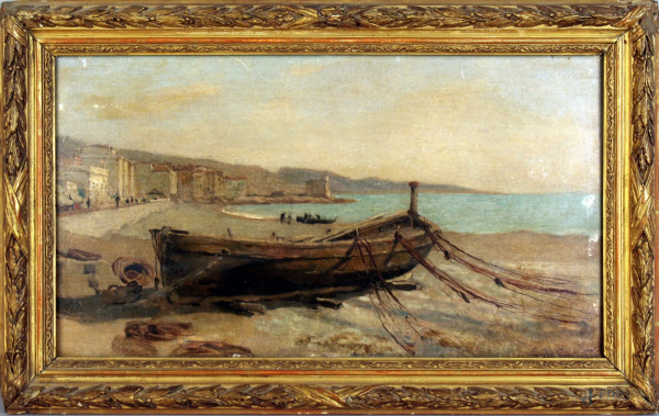 Scorcio di costa con imbarcazioni e fiume,olio su tavola 24x41,5 cm, firmato G.De Santis, entro cornice.