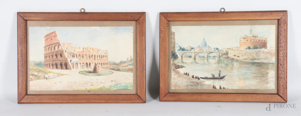 Alessandro Monsagrati (1884-1966), Lotto di due acquerelli su carta raffiguranti Veduta di Castel Sant'Angelo e il Colosseo, misure massime cm 16x25, uno firmato, entro cornice, (segni di usura, tracce di umidità, ondulazioni della carta, difetti)