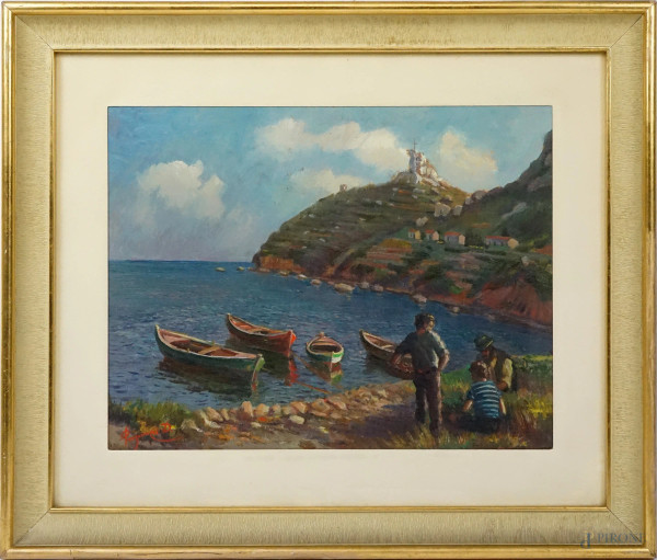 Costa con imbarcazioni di pescatori, olio su compensaro, cm 33x43, firmato Duilio Pasquinucci, entro cornice.