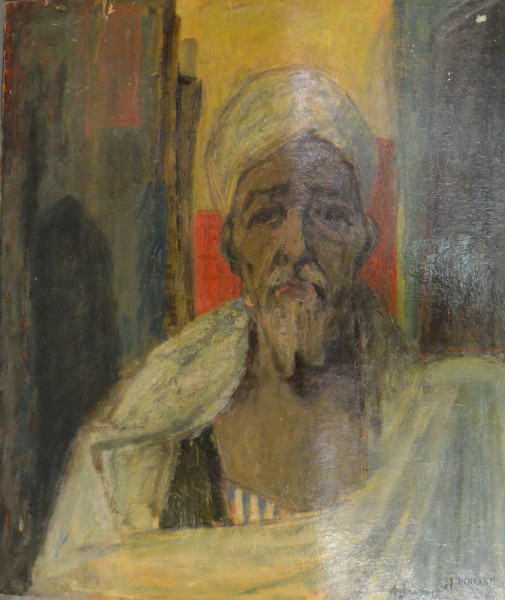 Ritratto d&#39;anziano arabo, olio su cartone 63x76 cm, firmato.