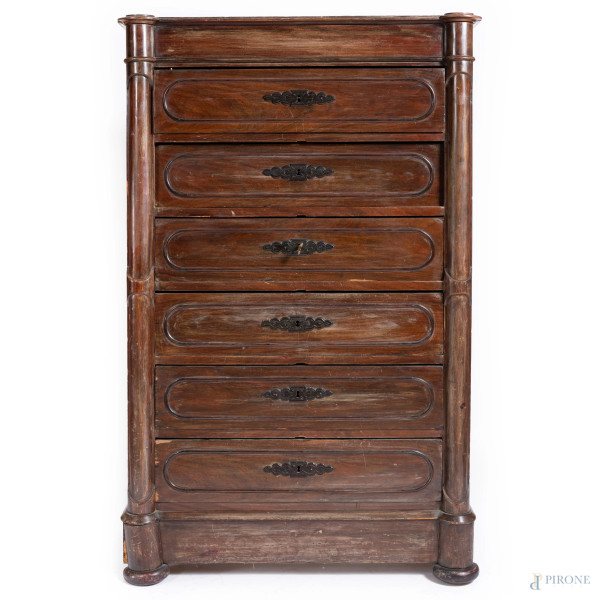 Cassettiera a sei cassetti in legno impiallacciato, XX secolo, cm 157x100,5x49, (segni di usura, scalfiture, difetti, rotture)