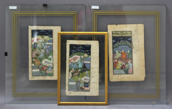Lotto di tre antiche pagine miniate, arte orientale XIX sec.29x18 cm