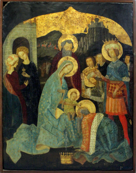 L&#39;Adorazione dei Magi, antico dipinto della scuola fiorentina ad olio su tavola, cm. 125x90