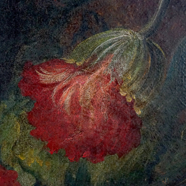 Natura morta di fiori e frutta, olio su tela, primo XX secolo, cm 99,5x69,5, entro cornice
