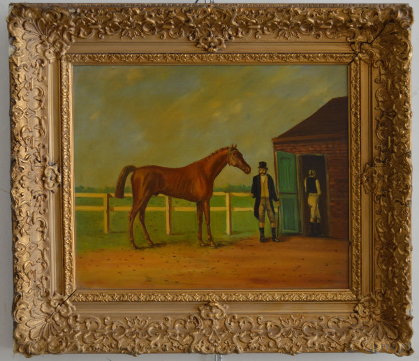 Peasaggio con fantino e cavallo, olio su tavola 35x43 cm, entro cornice firmato.
