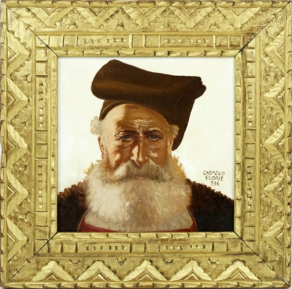 Ritratto di anziano sardo, dipinto su ceramica, cm 19,5x19,5, firmato Carmelo Floris 1936, entro cornice.
