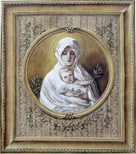 Arazzo raffigurante la Madonna dell&#39;Ulivo, cm. 95x83, firmato, inizi XX secolo.