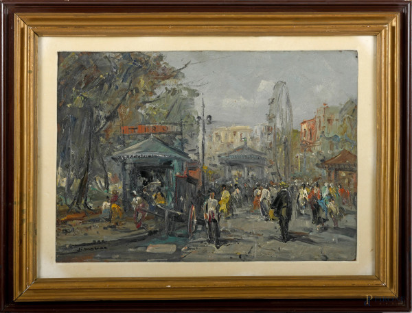 Scorcio cittadino con ruota panoramica, olio su compensato, XX secolo, cm 40x56 entro cornice,  firmato in basso a sinistra