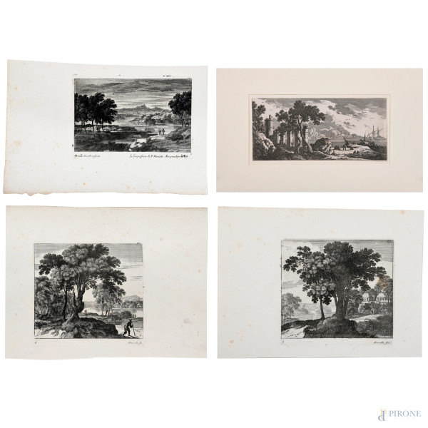 Gabriel Perelle, (1604 –  1677)  Lotto di quattro acqueforti dalla serie "I paesaggi", misure massime foglio cm 16,5x24, (segni di usura, tracce di umidità, foxing)