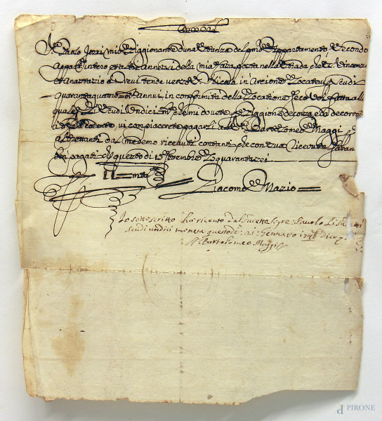 Raro antico manoscritto settecentesco vergato e firmato a inchiostro di galla bruno da Giacomo Mazio, soprintendente generale della Zecca Pontificia di Benedetto XIV.