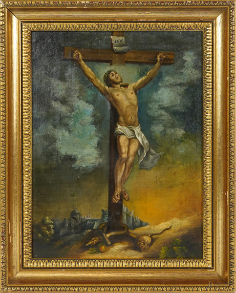 Crocifissione, olio su tela, XIX secolo, cm 42x31, entro cornice, (difetti)