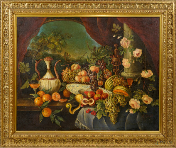 Natura morta di frutta e fiori, olio su tela, firmato in basso a destra, cm 81x100, entro cornice