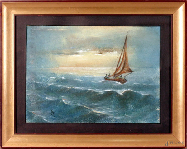 Marina con imbarcazioni, pastelli su carta, cm. 23x31, siglato, entro cornice.